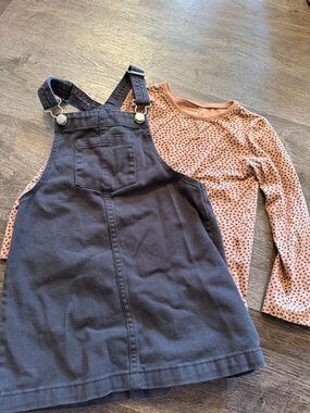 H&M Girls Black Denim Pinafore Dress with Long Sleeve Top